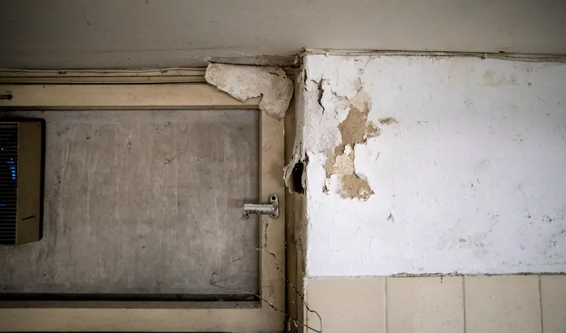 Durchfeuchteter, abplatzender Putz an einer Wand